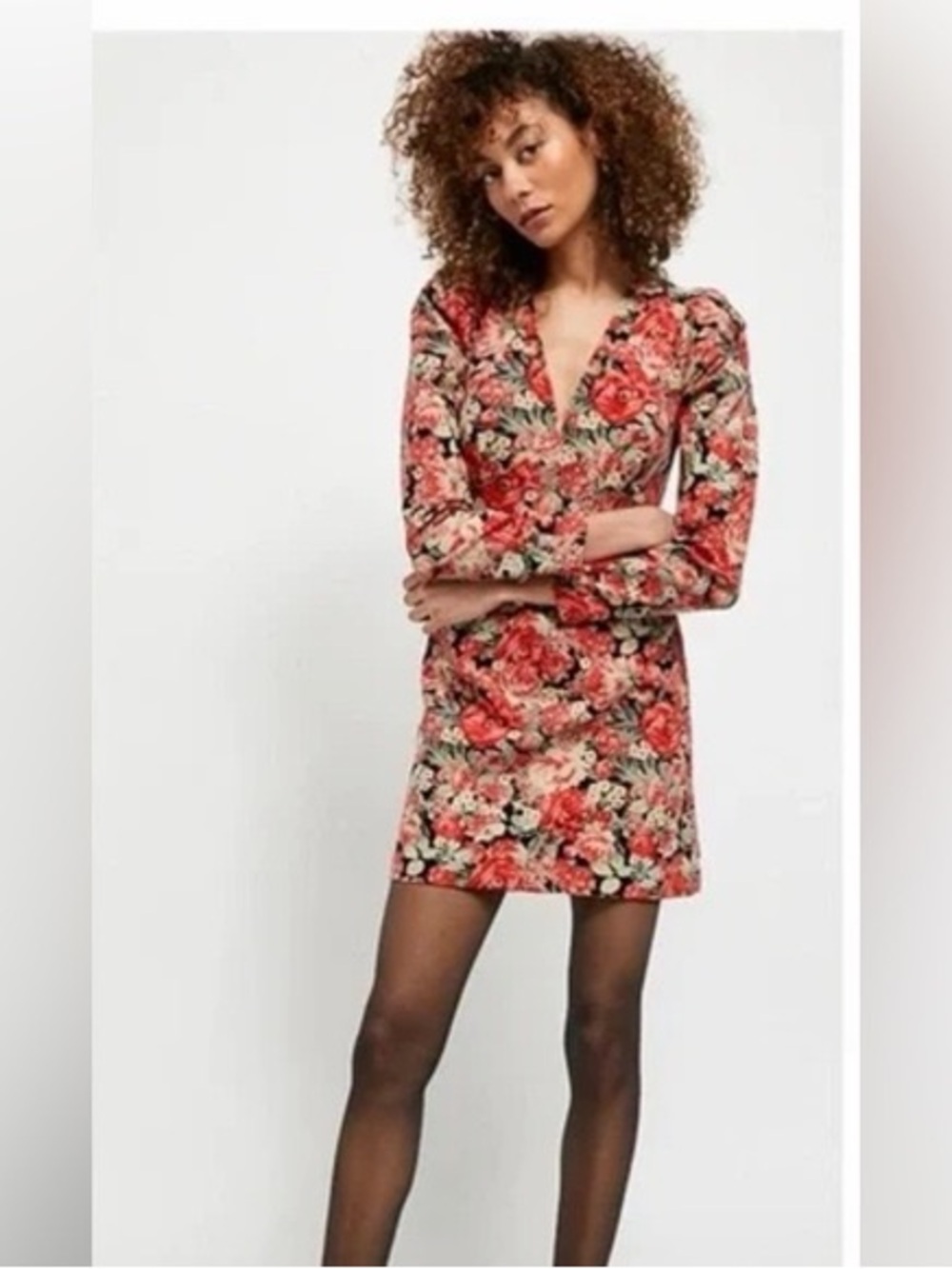 Free People “Kapowski” Floral V-Neck Long Sleeve Mini Dress